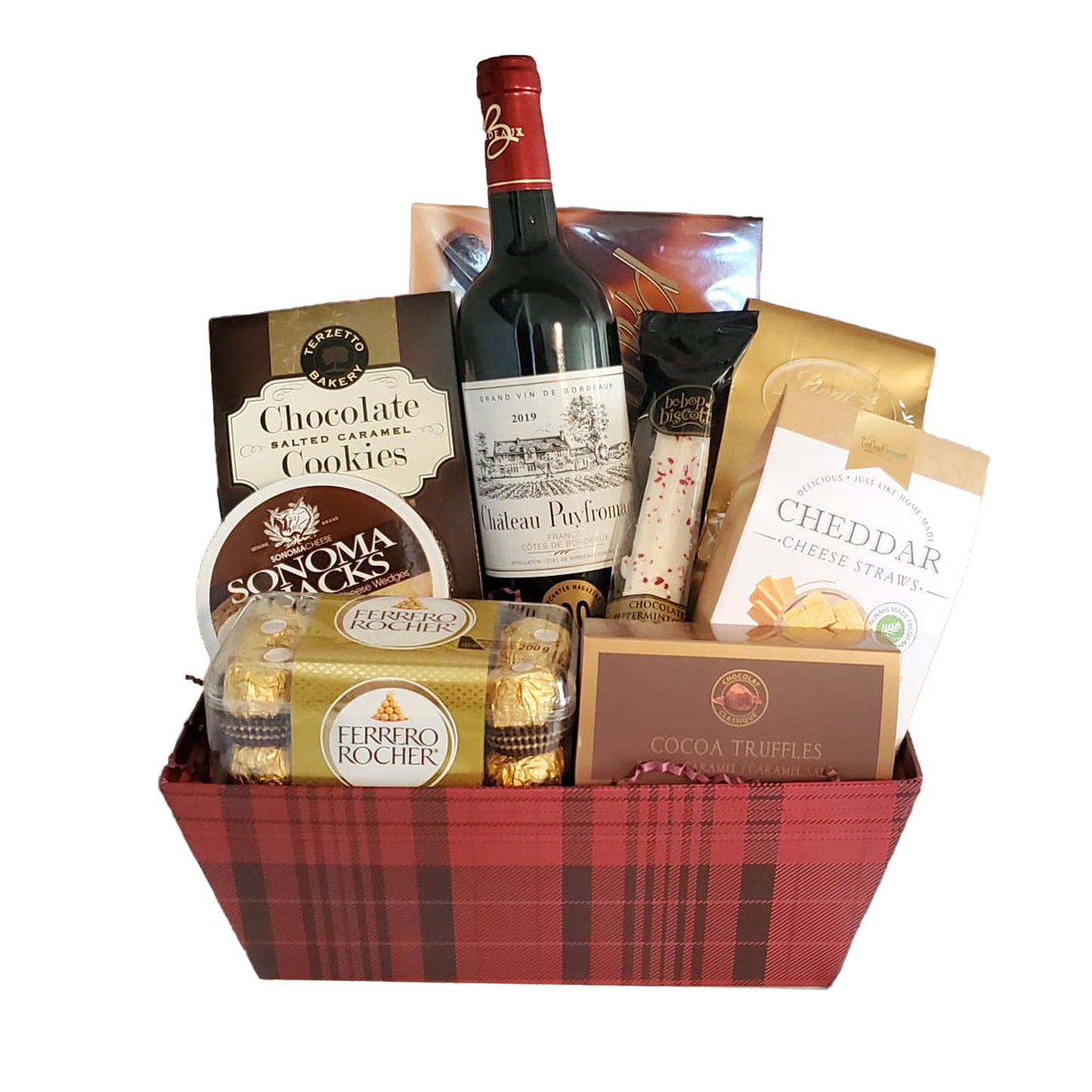 Tartan basket with wine, cheese, chocolate