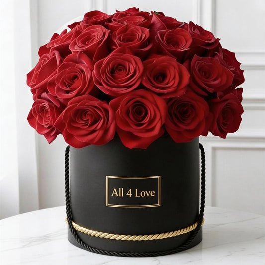 luxury red rose hatbox black box arrangement Toronto delivery