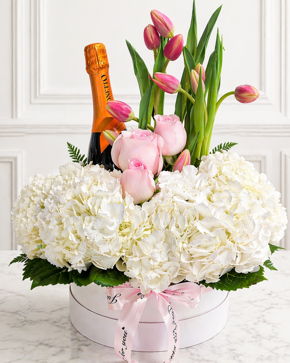 champagne flower box hydrangea tulip rose Toronto