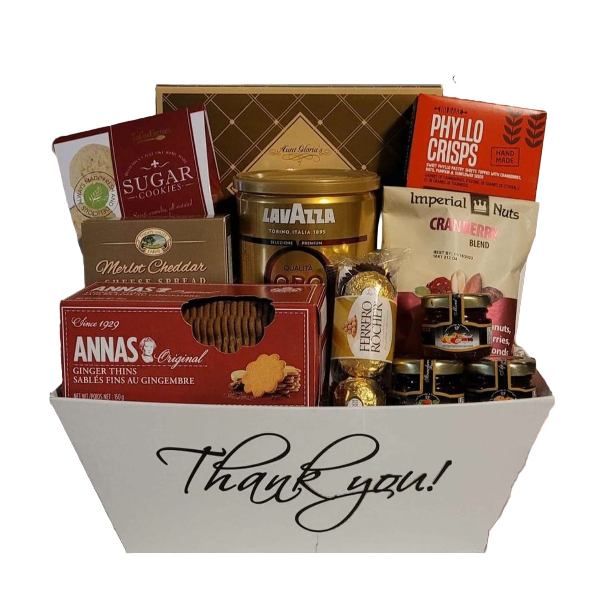 Basket with thank you scripted on it full of chocolate and treats.