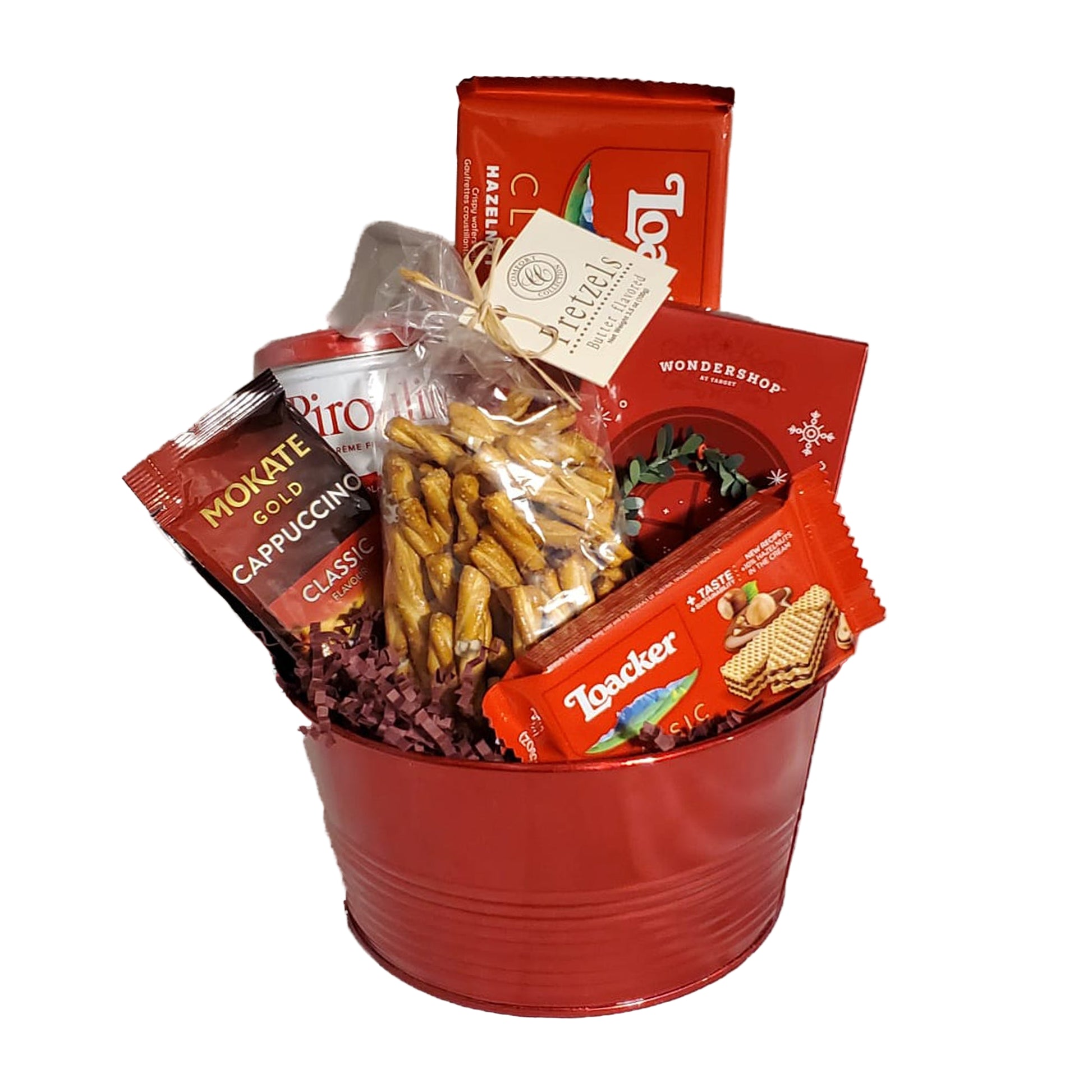 Red tin basket with assorted crispy treats