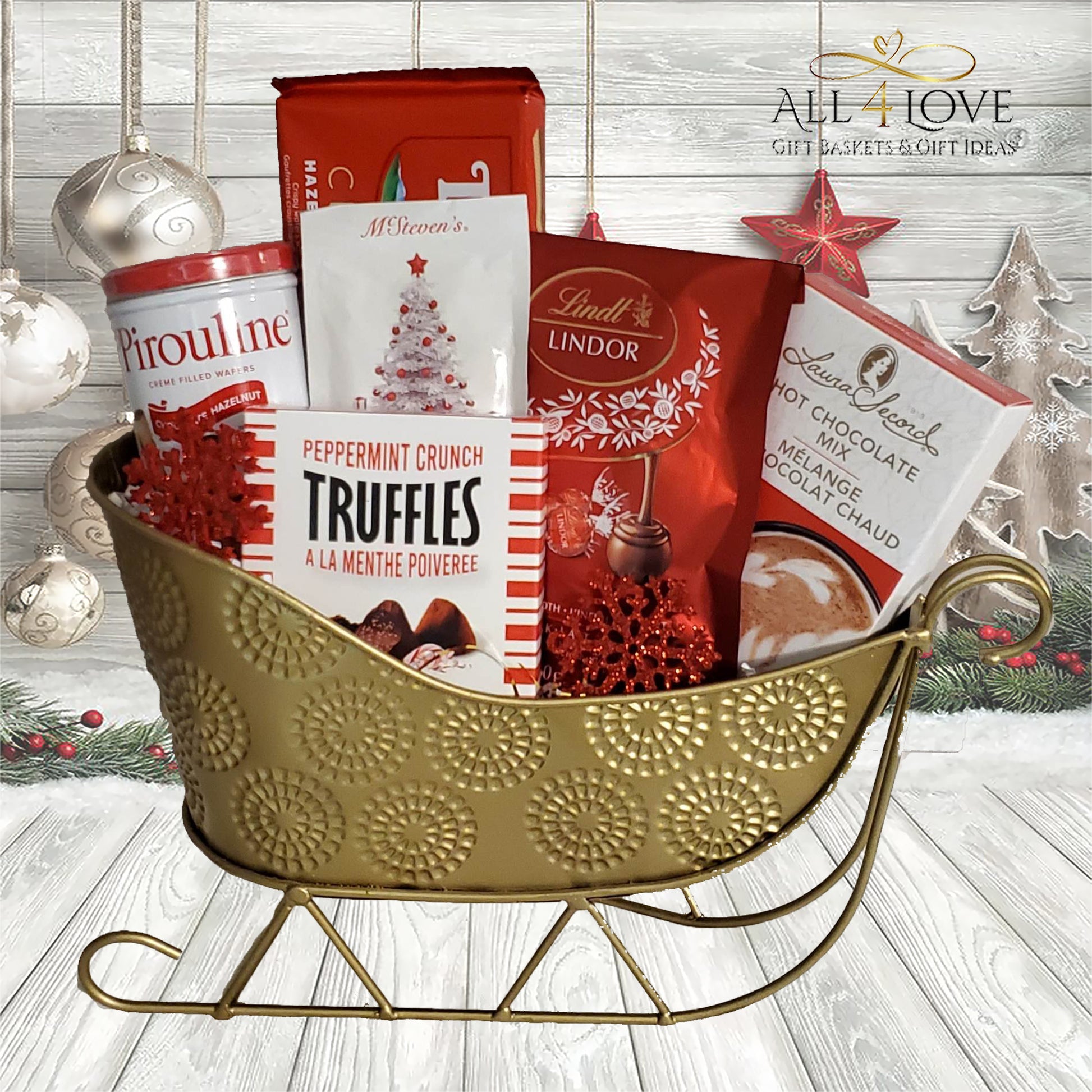 Golden sled, filled with red and white packaged chocolates