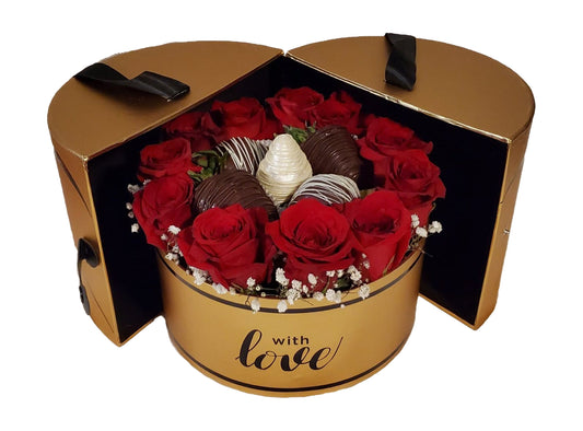 Golden container with red roses and chocolate covered strawberries