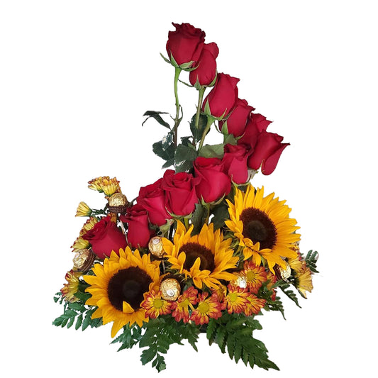 Sculpture of sunflower base and red roses stacked at differing heights