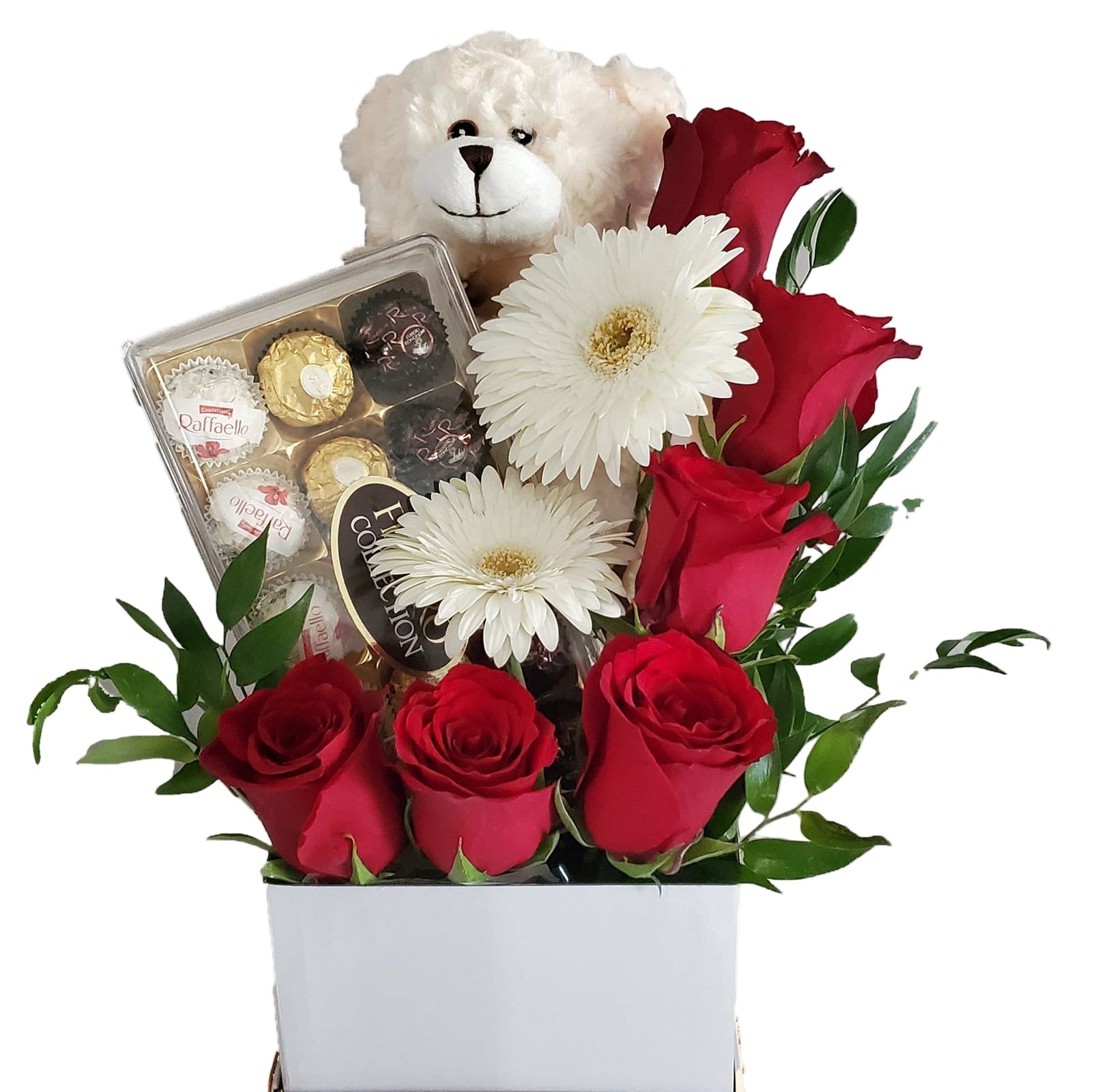 Teddy, red roses and chocolates