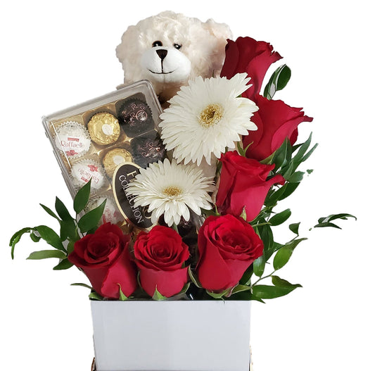 Teddy, red roses and chocolates