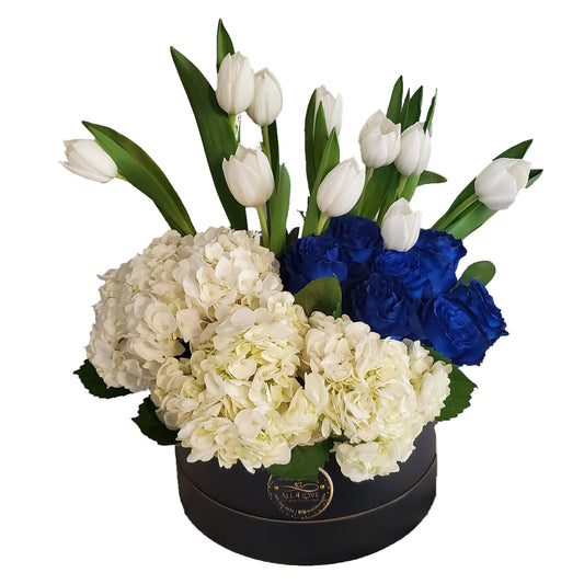 Royal blue roses with white tulips